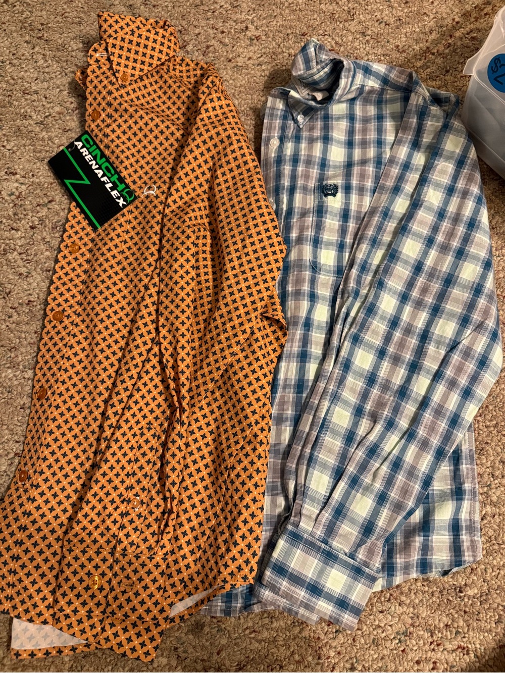 Orange Geometric Print Button-Down Shirt & Blue Plaid Button-Down Shirt